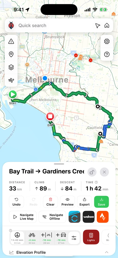 AusBUG route planner showing a ride across Melbourne